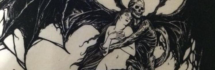 a skeleton with wings hugging a woman